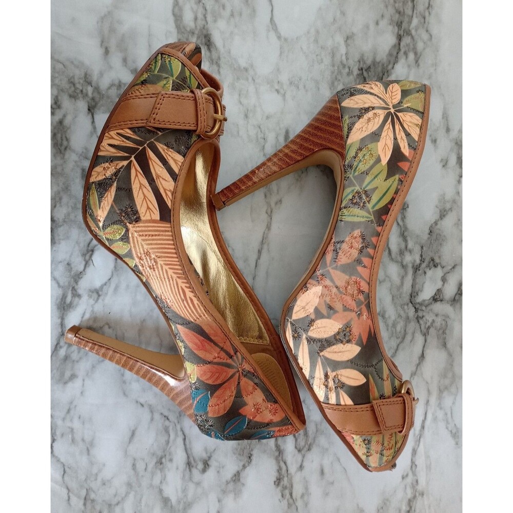 Delicious Fabric Woodsy Foliage Themed Peek Toe High Heel Shoes Size 9 - Picture 6 of 9